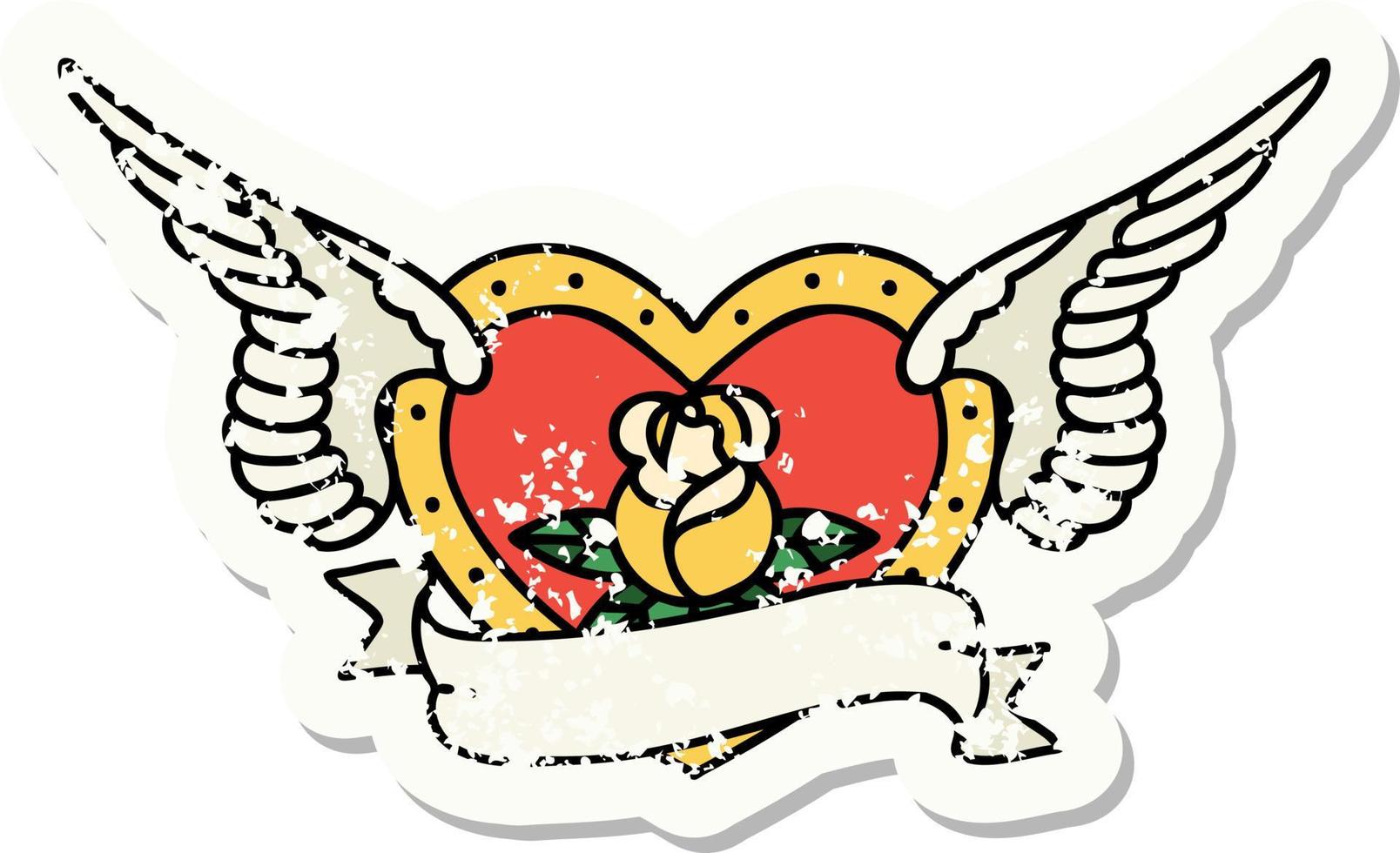 Distressed Sticker Tattoo im traditionellen Stil eines fliegenden Herzens mit Blumen und Banner vektor