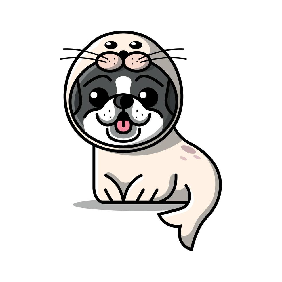 niedliche bulldogge trägt eine robbenkostüm-karikaturillustration vektor