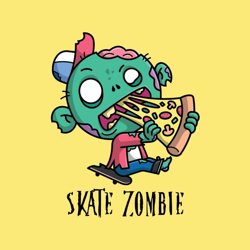 Ein gruseliger Skater-Zombie beißt ein Stück Pizza-Cartoon-Illustration vektor