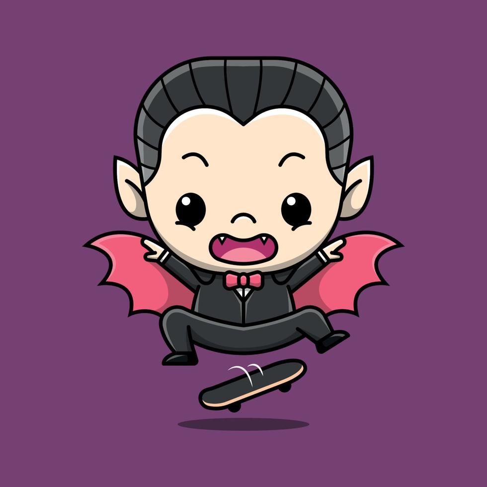 Gruseliger Dracula springt auf eine Skateboard-Cartoon-Illustration vektor
