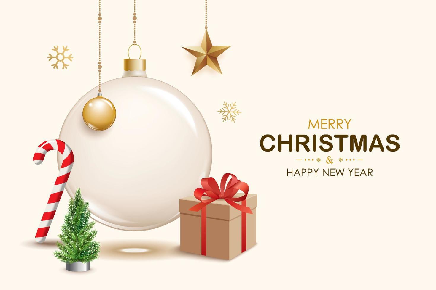 Glaskugel der frohen Weihnachten und Dekorationsgegenstand für Fliegerbroschürendesign auf weißem Hintergrundeinladungsthemakonzept. Frohe Feiertage Grußbanner und Kartenvorlage. vektor