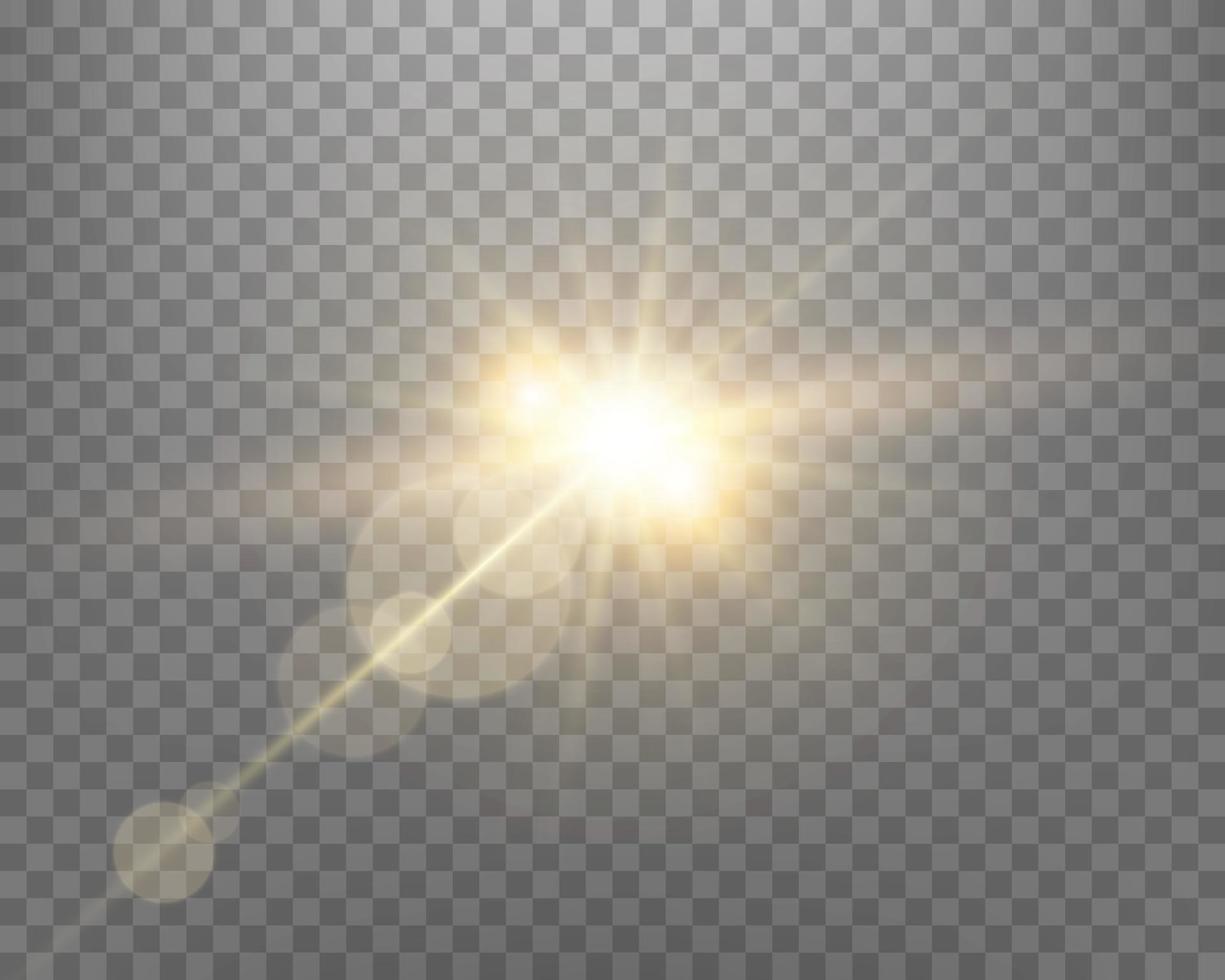 solljusobjektiv, solblixt med strålar och spotlight. guld glödande brast explosion. vektor illustration.