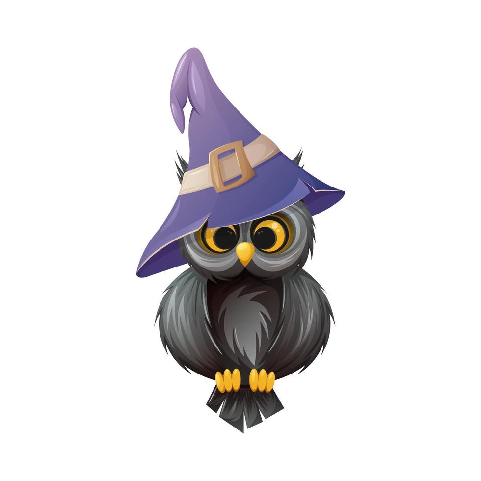 söt Uggla med stor ögon i en trolldom lila hatt. symbol av visdom och natt. tecknad serie vektor illustration av en fågel.
