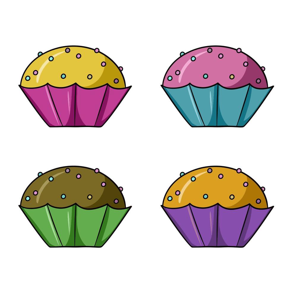 en uppsättning av färgad ikoner, färgrik utsökt muffins med annorlunda frukt och choklad grädde och socker smulor, vektor illustration i tecknad serie stil på en vit bakgrund