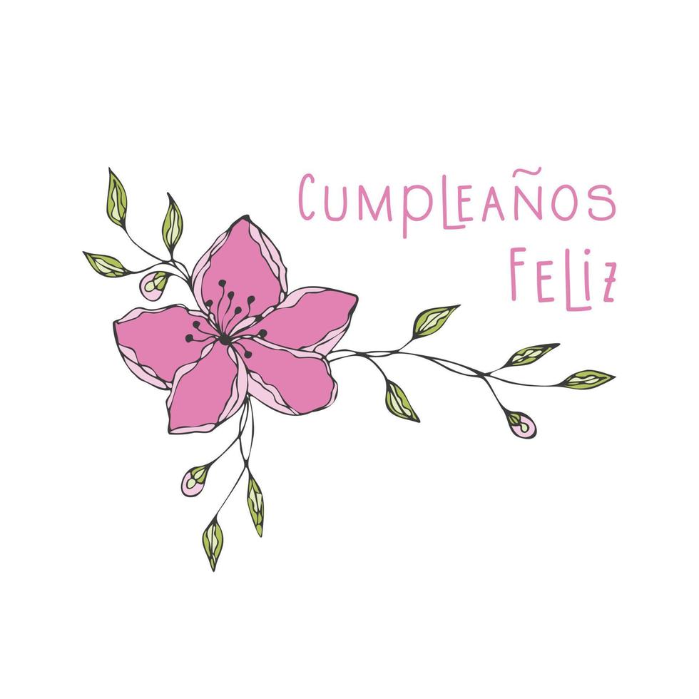 feliz cumpleanos alles gute zum geburtstag, geschrieben in spanischer sprache, blumengekritzel handgezeichnet. vektor