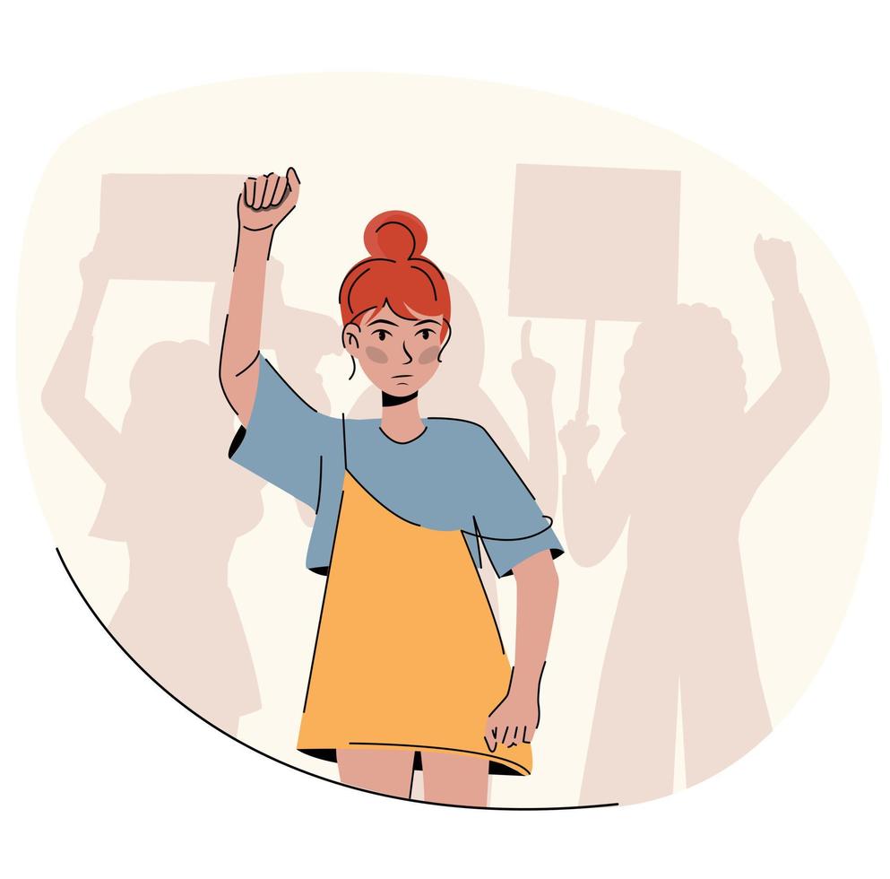 feminism. flicka kraft. arg kvinna Uppfostrad henne händer och protester. flicka på de samling. platt vektor illustration isolerat på vit bakgrund.