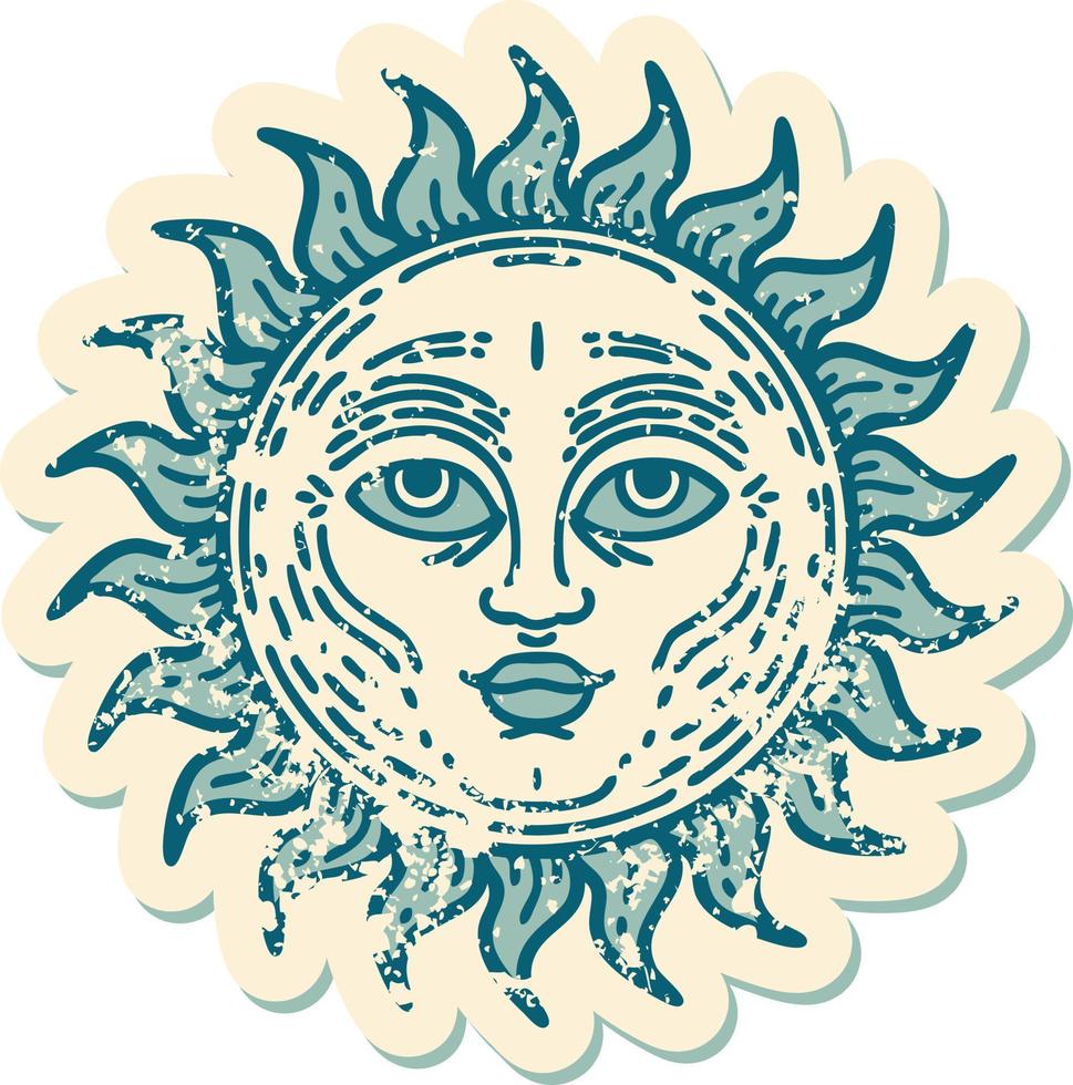 ikoniska bedrövad klistermärke tatuering stil bild av en Sol med ansikte vektor