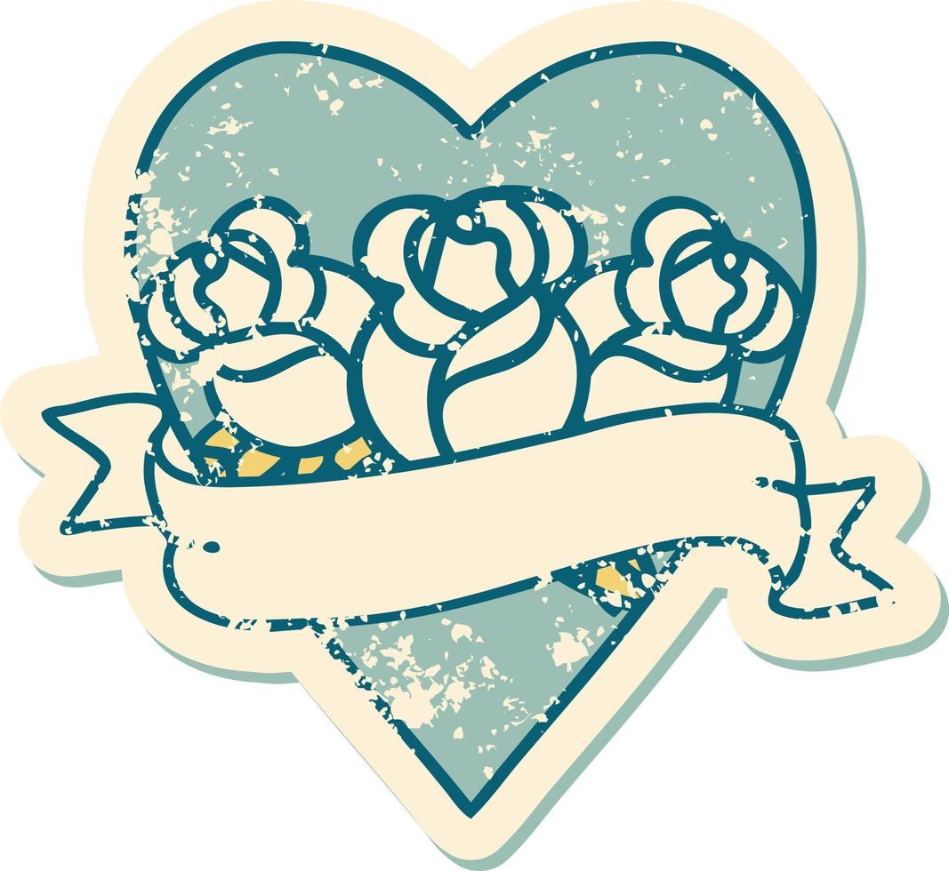 ikonisches Distressed Sticker Tattoo Style Bild eines Herzens und Banner mit Blumen vektor