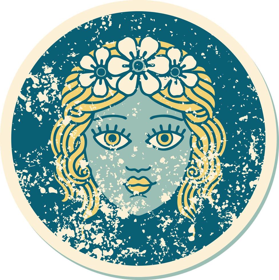ikonisches beunruhigtes Aufkleber-Tattoo-Stilbild des weiblichen Gesichts mit Blumenkrone vektor