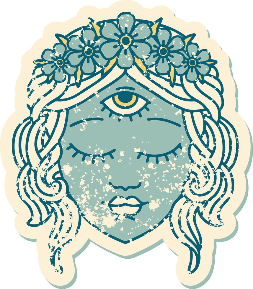 ikoniska bedrövad klistermärke tatuering stil bild av kvinna ansikte med tredje öga och krona av blommor vektor