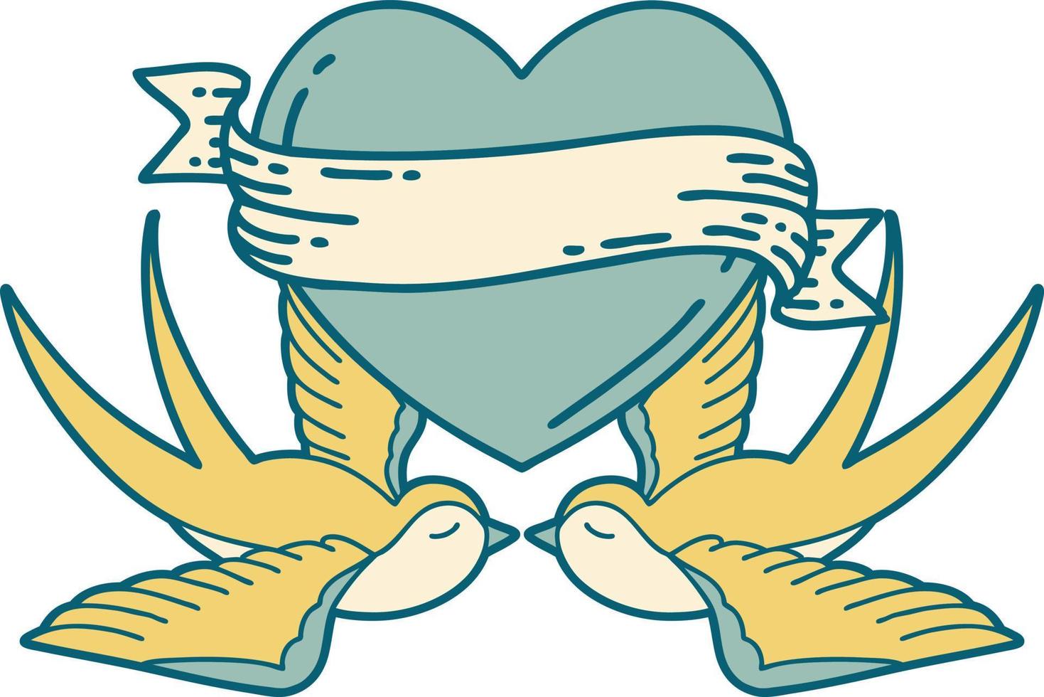 ikonisches Bild im Tattoo-Stil von Schwalben und einem Herzen mit Banner vektor