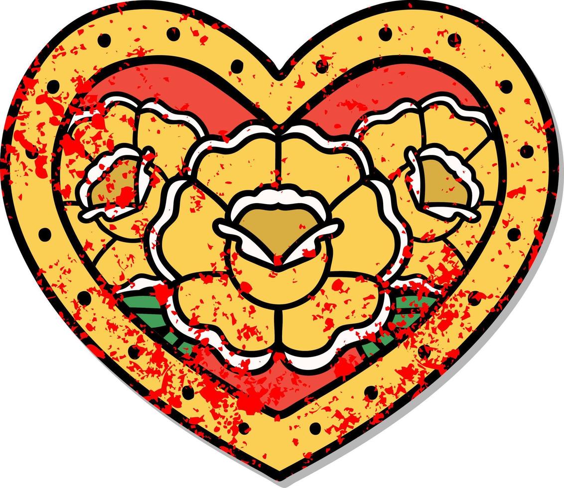 Distressed Sticker Tattoo im traditionellen Stil eines Herzens und Blumen vektor