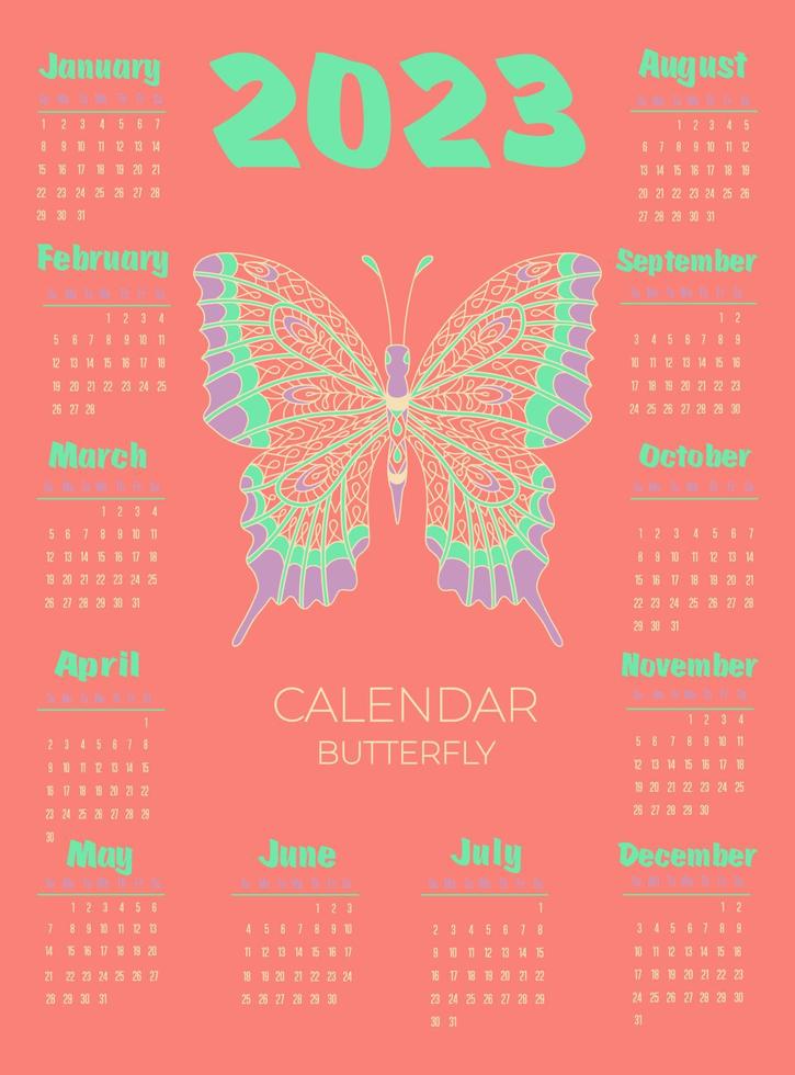 Kalender 2023 mit Schmetterling im Zentangle-Stil. Woche beginnt am Sonntag. vektor