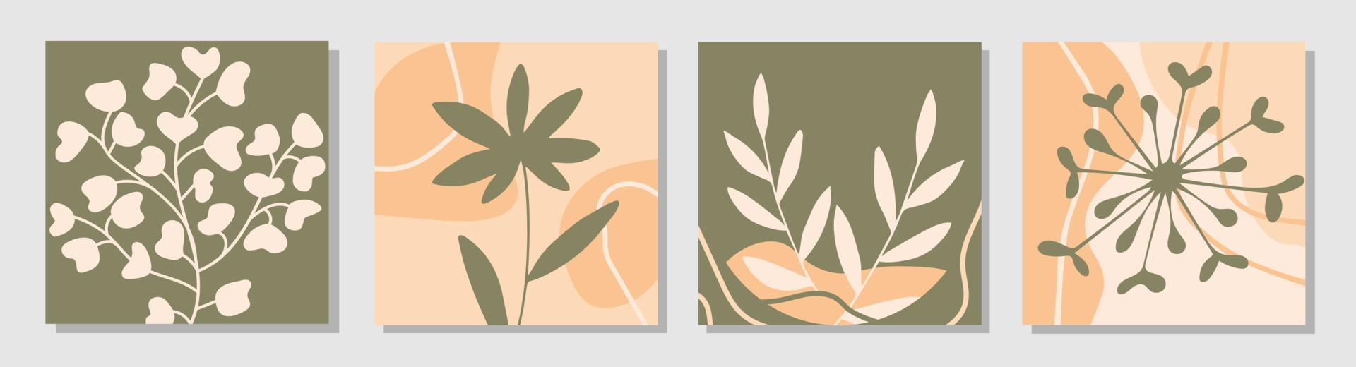 Set von Postern mit abstrakten Formen und Pflanzen im trendigen zeitgenössischen Collage-Stil. vektor