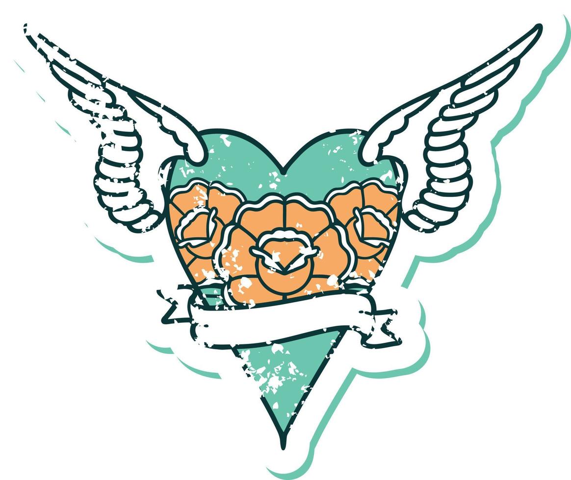 ikonisches beunruhigtes Aufkleber-Tattoo-Stilbild eines Herzens mit Flügeln und Banner vektor