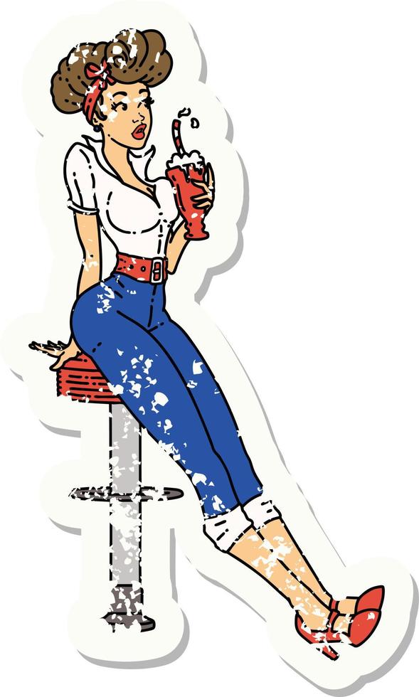 Distressed Sticker Tattoo im traditionellen Stil eines Pinup-Mädchens, das einen Milchshake trinkt vektor