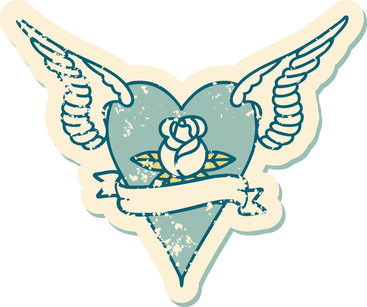 ikonisches, beunruhigtes Bild im Tattoo-Stil eines fliegenden Herzens mit Blumen und Banner vektor