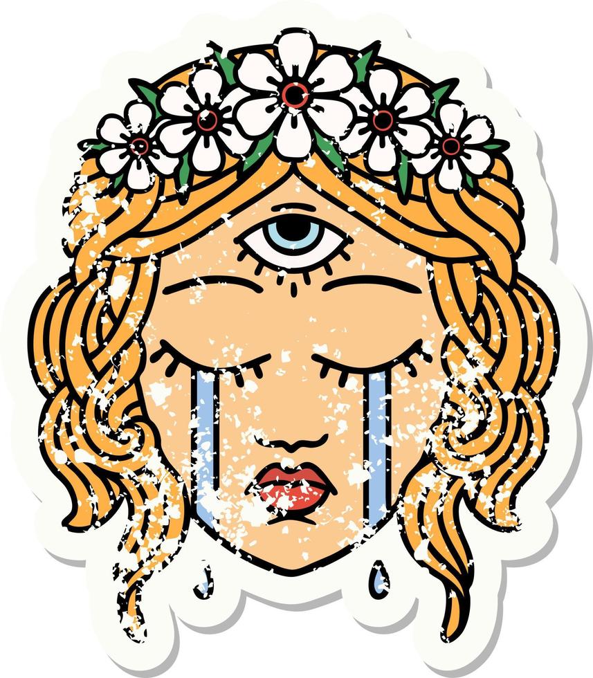 Distressed Sticker Tattoo im traditionellen Stil des weiblichen Gesichts mit mystischem dritten Auge, das weint vektor