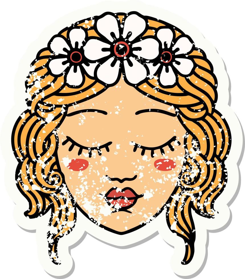 Distressed Sticker Tattoo im traditionellen Stil des weiblichen Gesichts mit geschlossenen Augen vektor