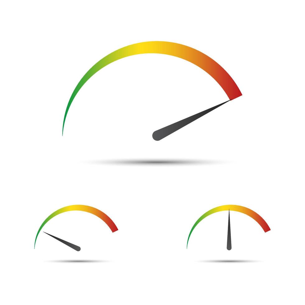 uppsättning av enkel vektor takometer med indikator i grön, gul och röd del, hastighetsmätare ikon, prestanda mått symbol isolerat på vit bakgrund