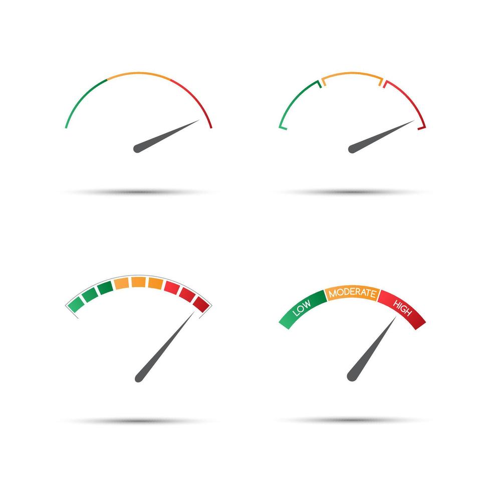 uppsättning av fyra enkel Färg varvräknare - låg, måttlig, hög. vektor hastighetsmätare ikon, prestanda mått symbol