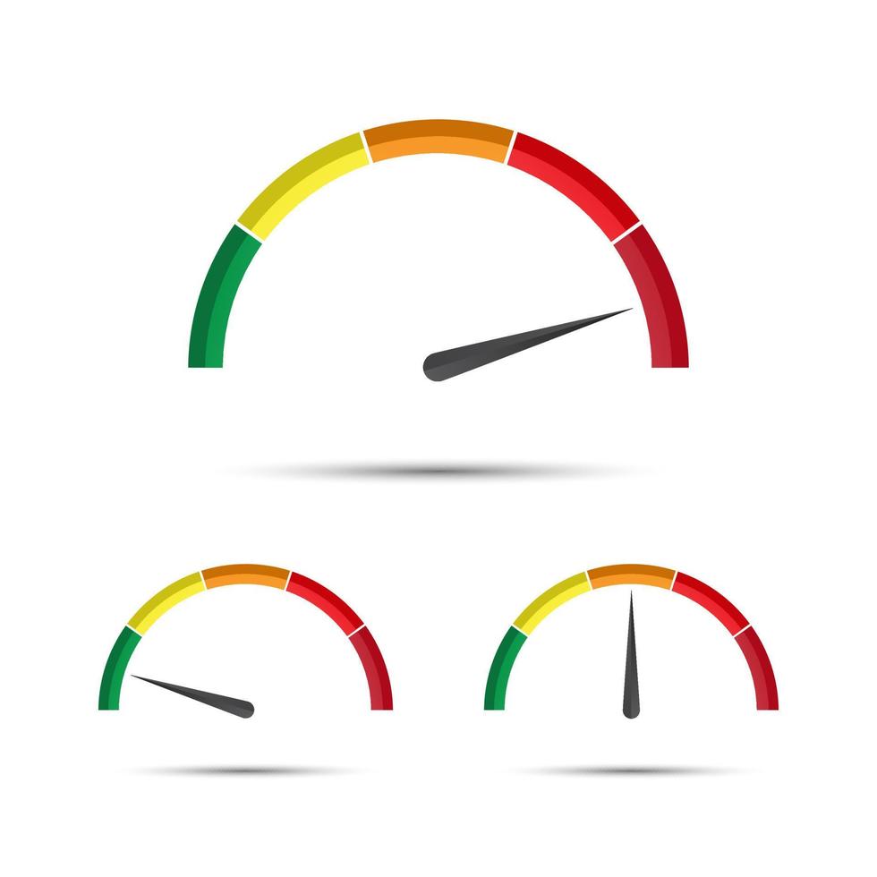 Satz einfacher Vektordrehzahlmesser mit Anzeige in grünem, gelbem und rotem Teil, Tachometersymbol, Symbol für Leistungsmessung vektor