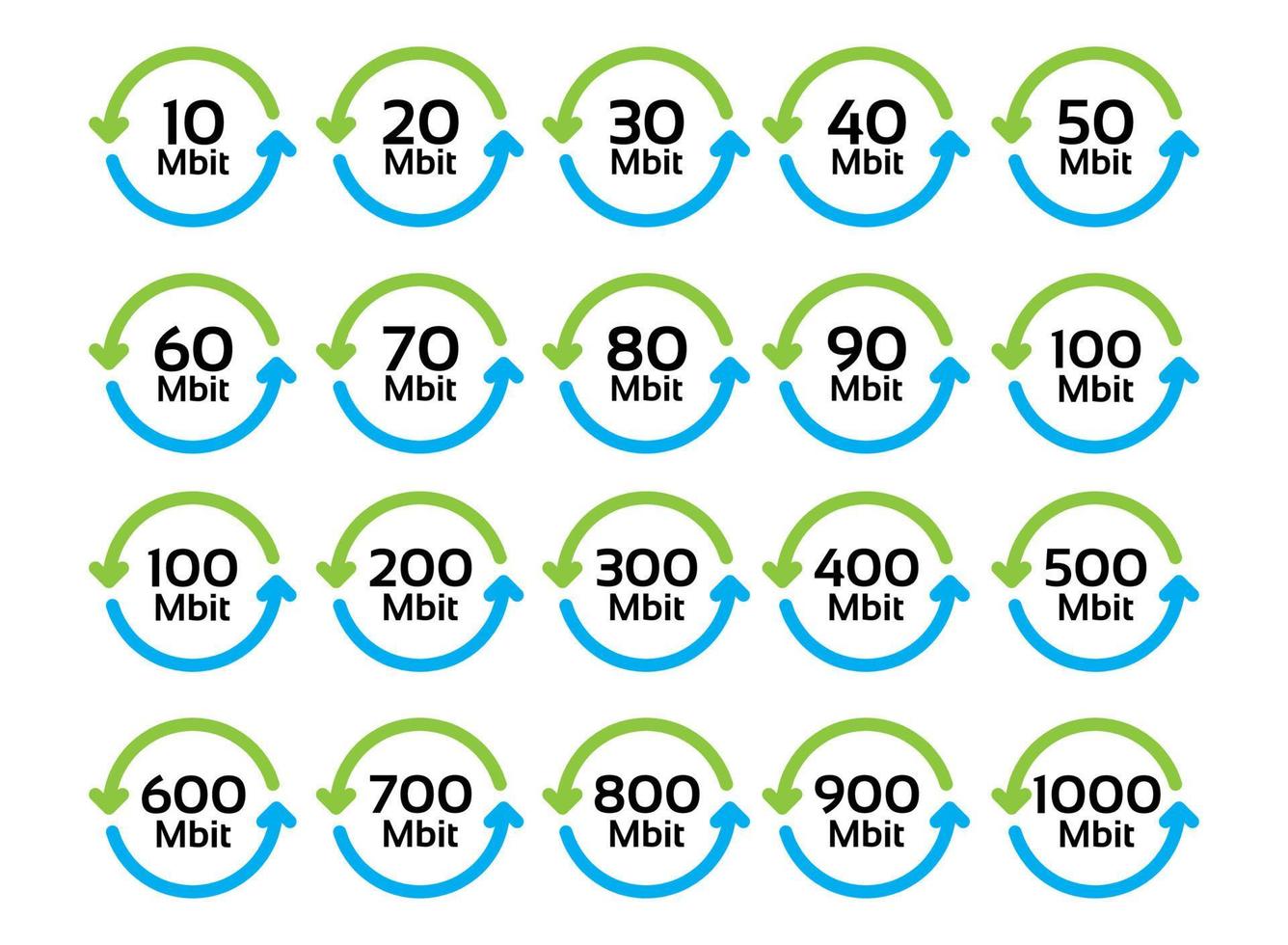 vektor uppsättning av ikoner av nätverk hastighet från mbit do gbit. internet acceleration. enkel hastighetsmätare