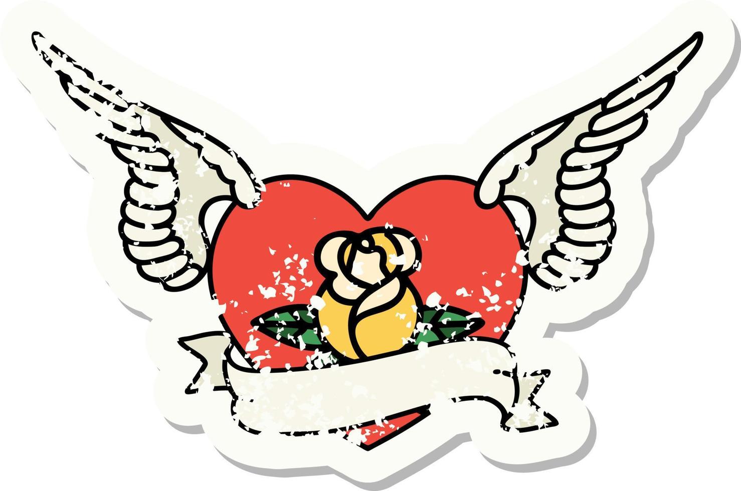 Distressed Sticker Tattoo im traditionellen Stil eines fliegenden Herzens mit Blumen und Banner vektor