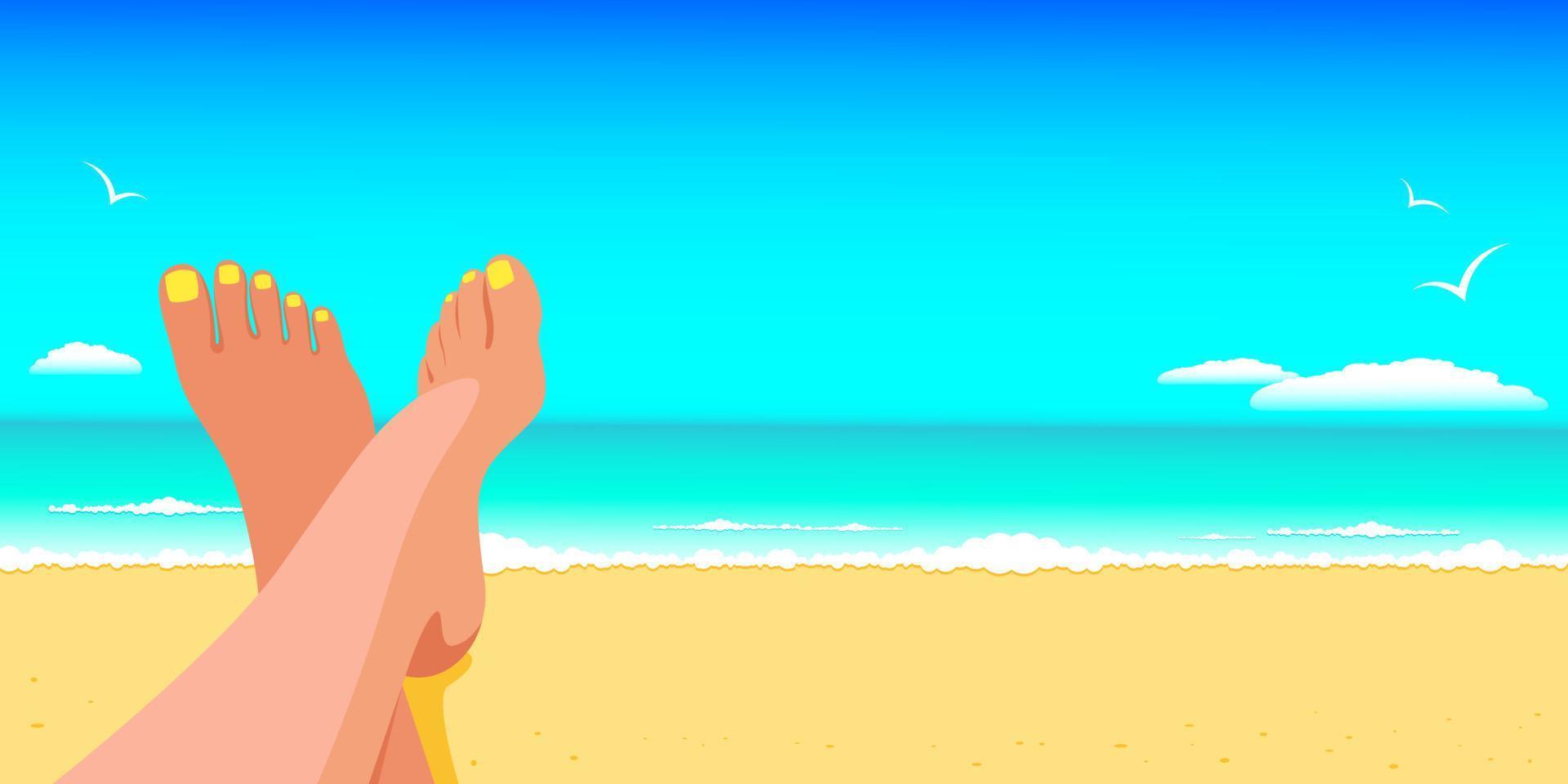 Frau liegt am Strand am Meer und sonnt sich an einem sonnigen Tag, Meereslandschaft. das konzept von urlaub und reise zum meer, sommerferien. bannerdesign mit kopierraum. Stock-Vektor-Illustration. vektor
