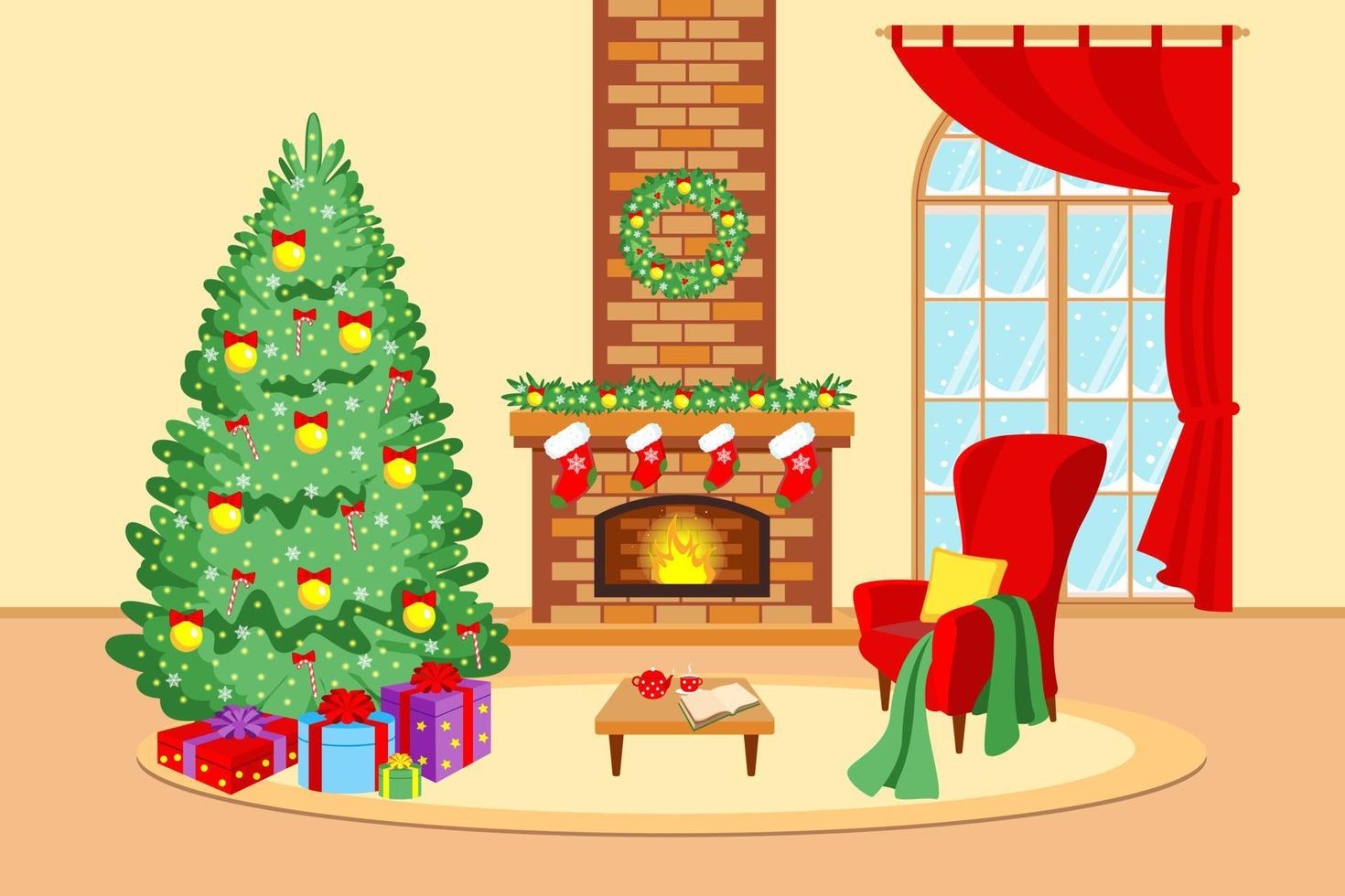 mysigt festlig ny år och jul interiör med en dekorerad jul träd och en öppen spis. vektor stock illustration.