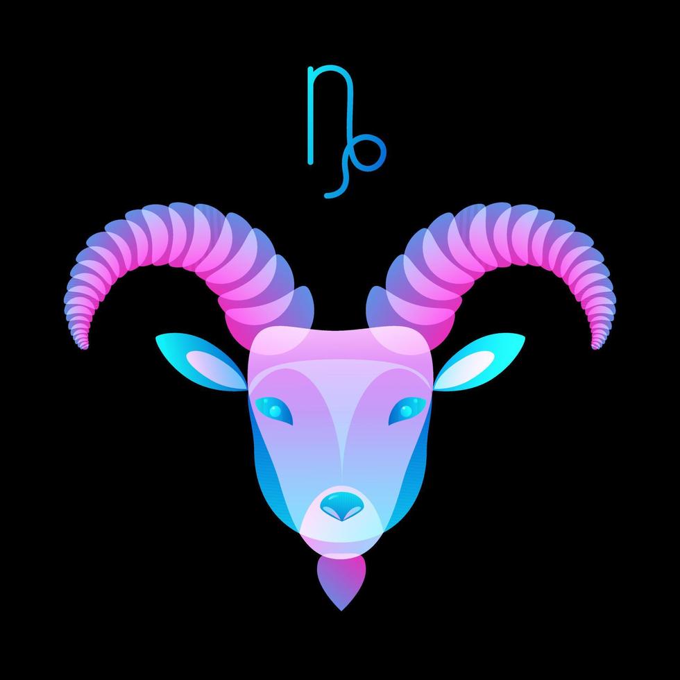 zodiaken tecken huvud neon capricorn på svart bakgrund, horoskop. stock vektor illustration.