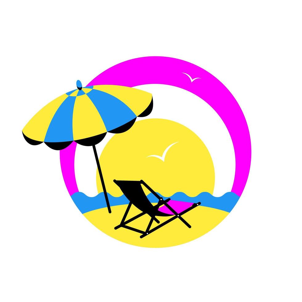 Liegestuhl und Sonnenschirm am Strand. Sommerferienkonzept, Urlaub, Reisen. Vektorvorratillustration. vektor
