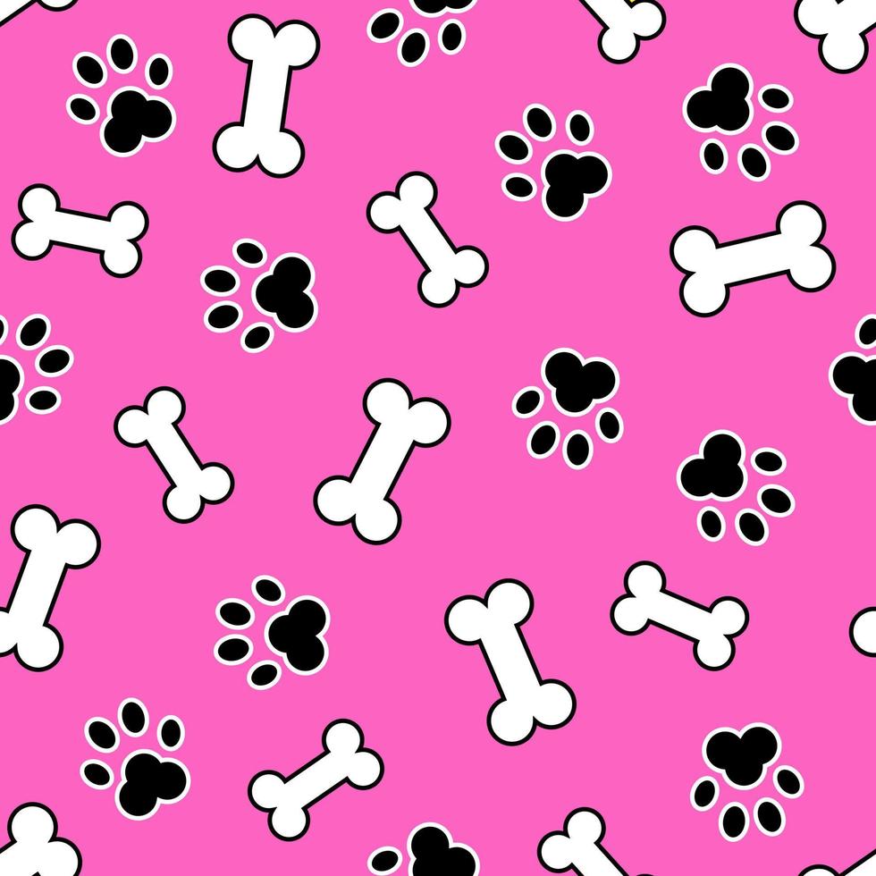 schwarze Fußabdrücke eines Hundes und Knochen auf einem nahtlosen Muster des rosa Hintergrundes. Design für Heimtierbedarf, Stoff, Verpackung, Papier. Vektorvorratillustration. vektor