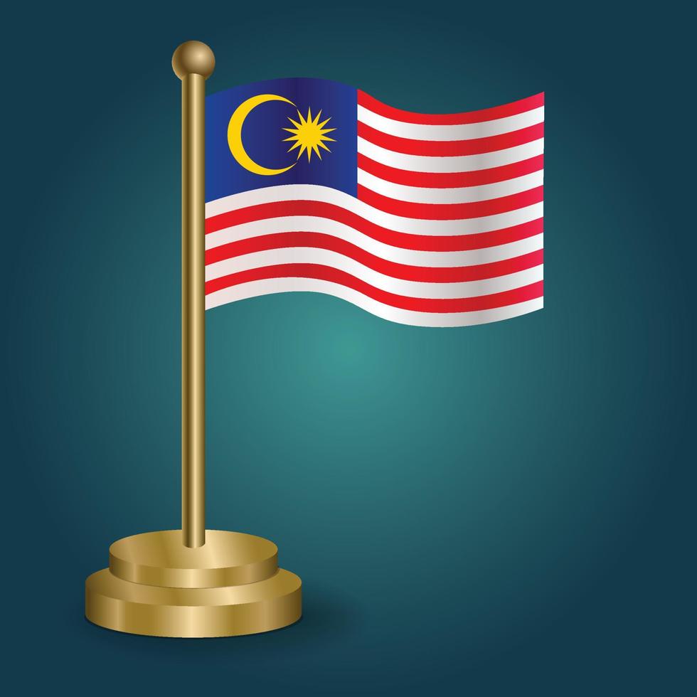 malaysische Nationalflagge auf goldenem Pol auf abgestuftem, isoliertem dunklem Hintergrund. Tischfahne, Vektorillustration vektor