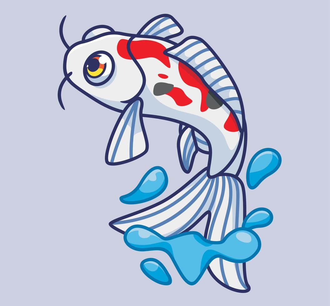 Süßer Koi-Fisch springt. isolierte karikaturtierillustration. flaches Aufkleber-Icon-Design Premium-Logo-Vektor. Maskottchen Charakter vektor