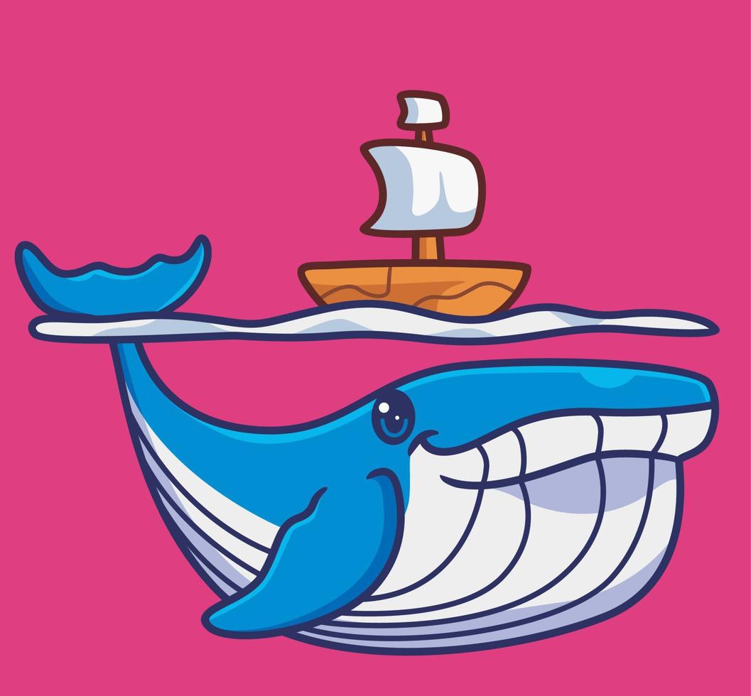 Süßer Blauwal mit Boot. isolierte karikaturtierillustration. flaches Aufkleber-Icon-Design Premium-Logo-Vektor. Maskottchen Charakter vektor