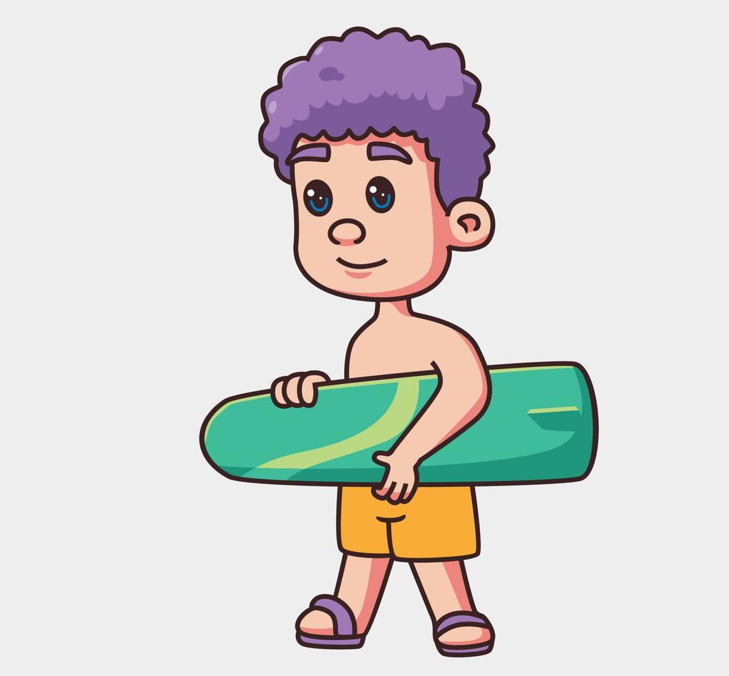 Ein Junge bringt Skateboard für den Sommer. isolierte karikaturpersonenillustration. flacher Aufkleberelementvektor vektor