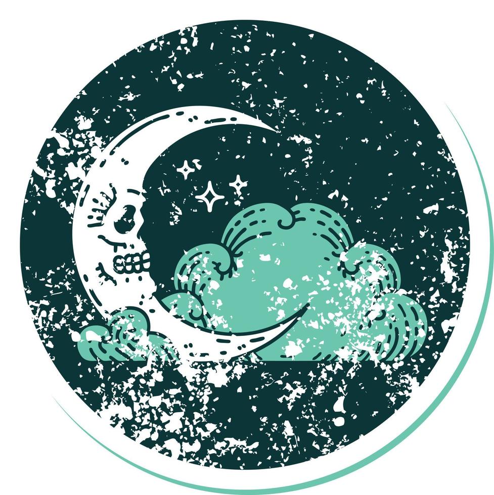 bedrövad klistermärke tatuering stil ikon av en skalle halvmåne måne och moln vektor