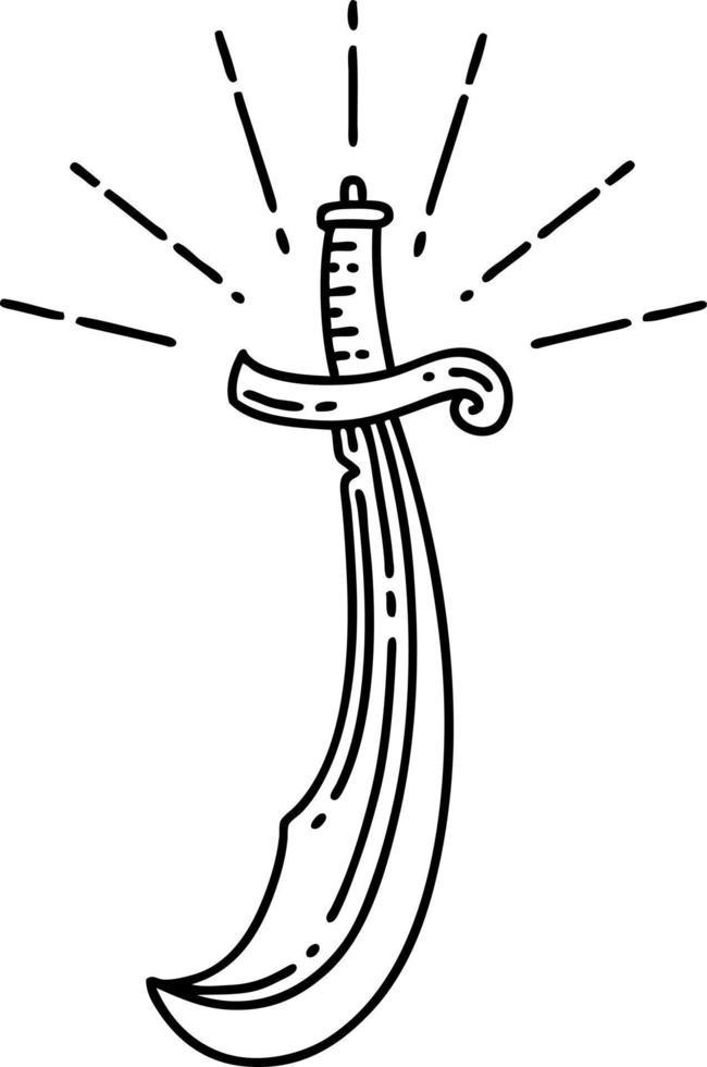 traditionelles Scimitar-Schwert im Tattoo-Stil mit schwarzer Linie vektor
