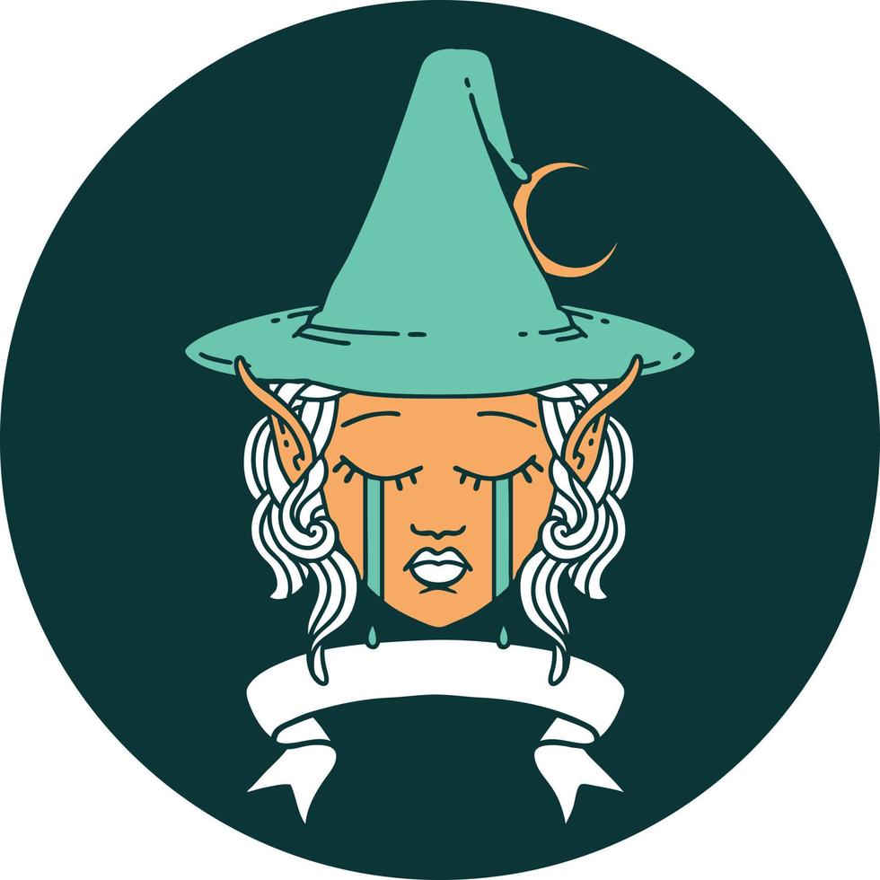 Ikone des weinenden Elfenmagier-Charaktergesichtes mit Banner vektor