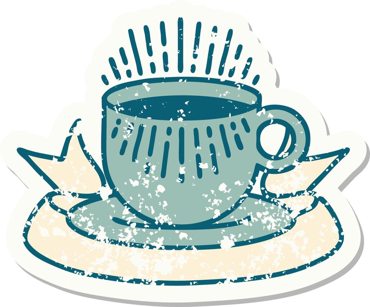grunge klistermärke med baner av kopp av kaffe vektor