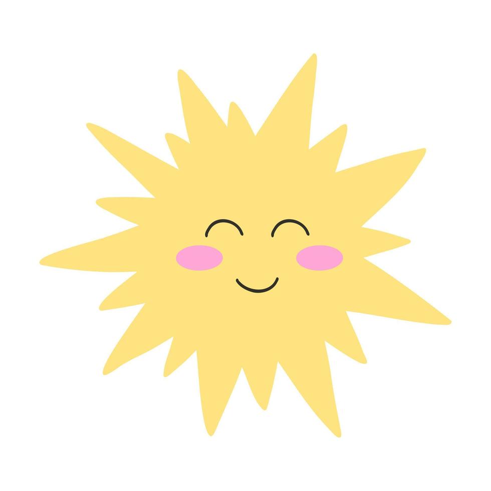 hand dragen Sol ikon med Lycklig ansikte. tecknad serie vektor illustration av solsken, flickaktigt klistermärke, platt stil