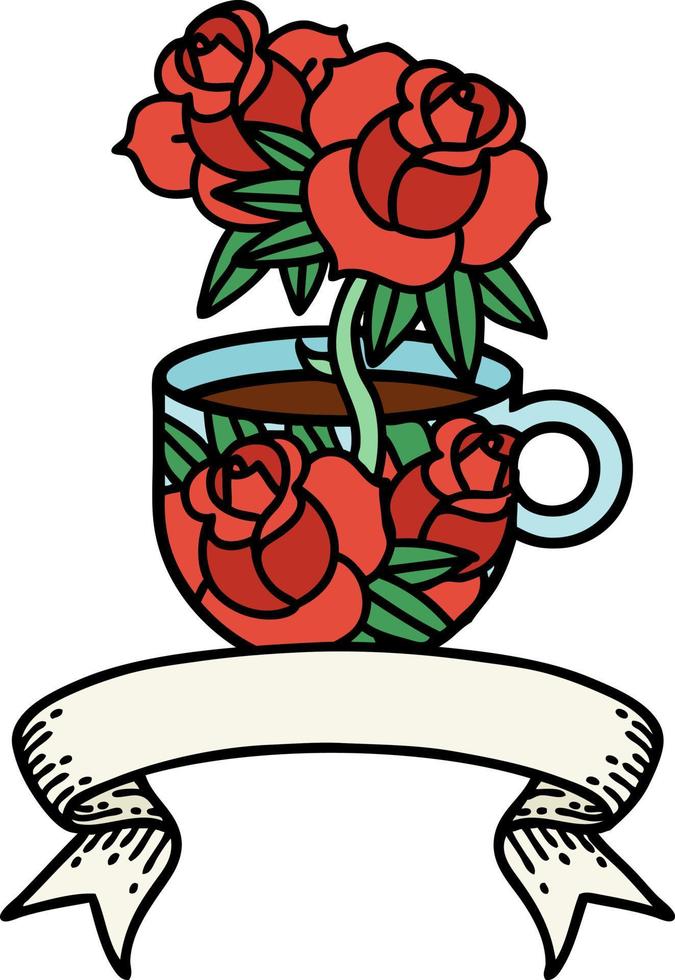 Traditionelles Tattoo mit Banner einer Tasse und Blumen vektor