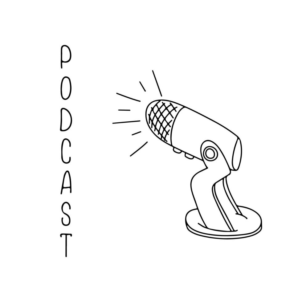 Podcast-Ausrüstung. Retro-Mikrofon isoliert auf weißem Hintergrund. gestaltungselement für emblem, zeichen, logo, etikett. Vektor-Illustration. vektor