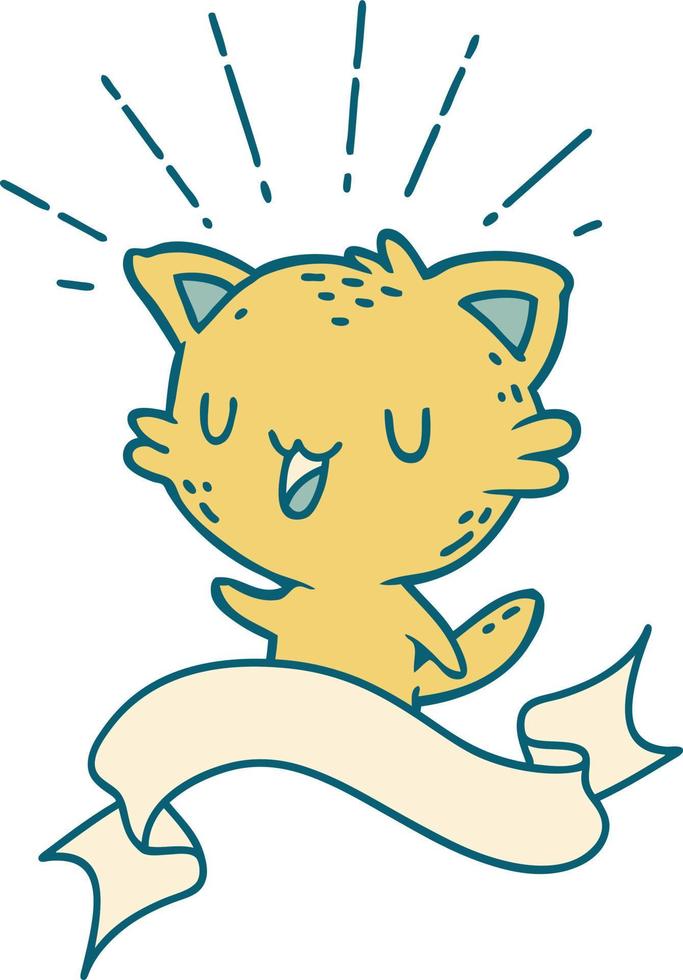 Scroll-Banner mit glücklicher Katze im Tattoo-Stil vektor