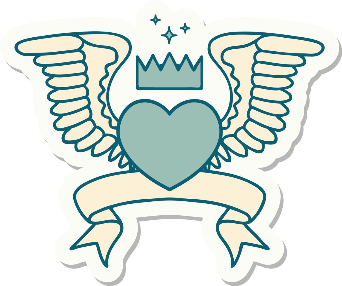 Aufkleber im Tattoo-Stil mit Banner eines Herzens mit Flügeln vektor