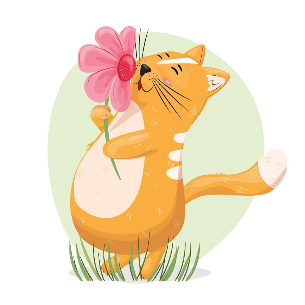 söt liten katt njuter de blomma i de vår. sommar, vår illustration med en söt katt i de gräs sniffa en rosa blomma. vektor