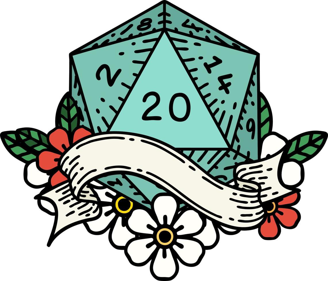 retro tatuering stil naturlig tjugo d20 tärningar rulla vektor