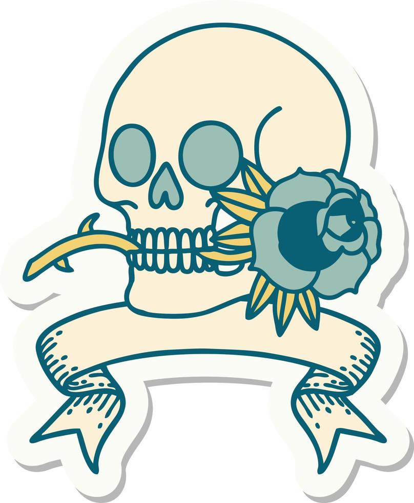 Aufkleber im Tattoo-Stil mit Banner eines Schädels und einer Rose vektor