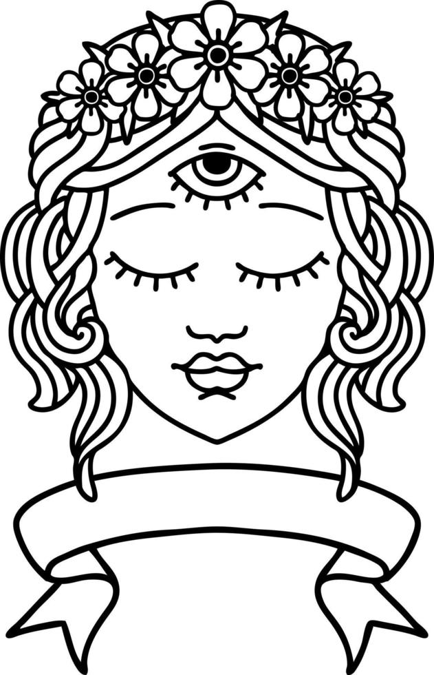 Traditionelle schwarze Linientätowierung mit Banner des weiblichen Gesichts mit drittem Auge und Blumenkrone vektor